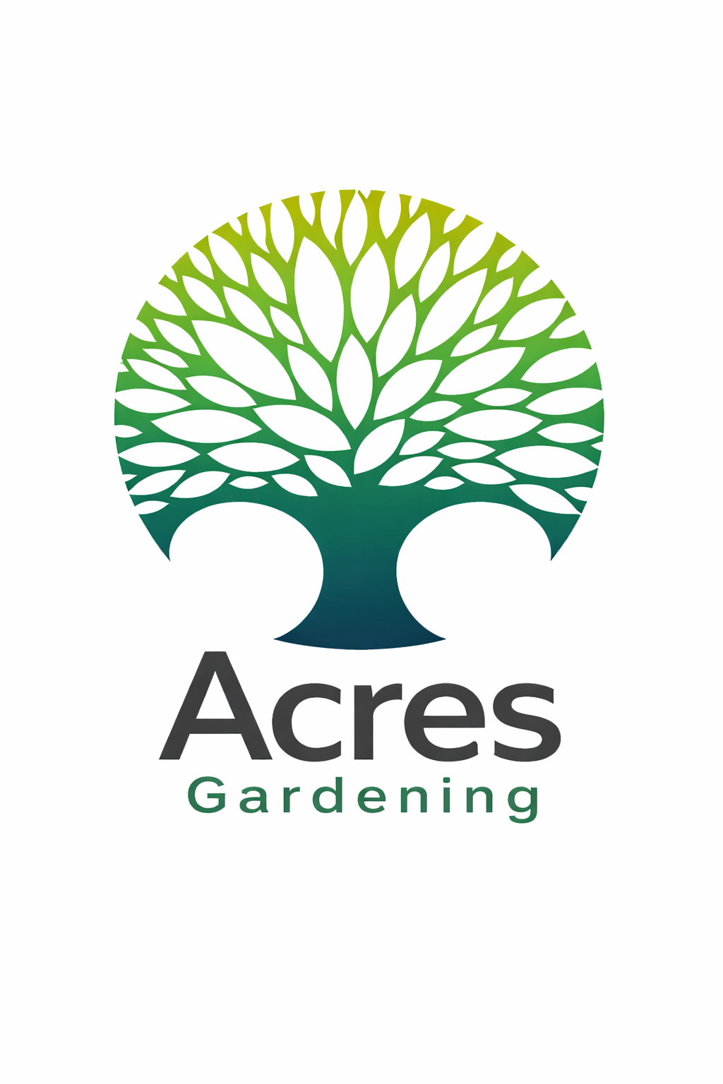 Acres Gardening logo featuring a stylized green tree canopy forming a circle above the word βAcresβ and the subheading βGardeningβ on a white background.